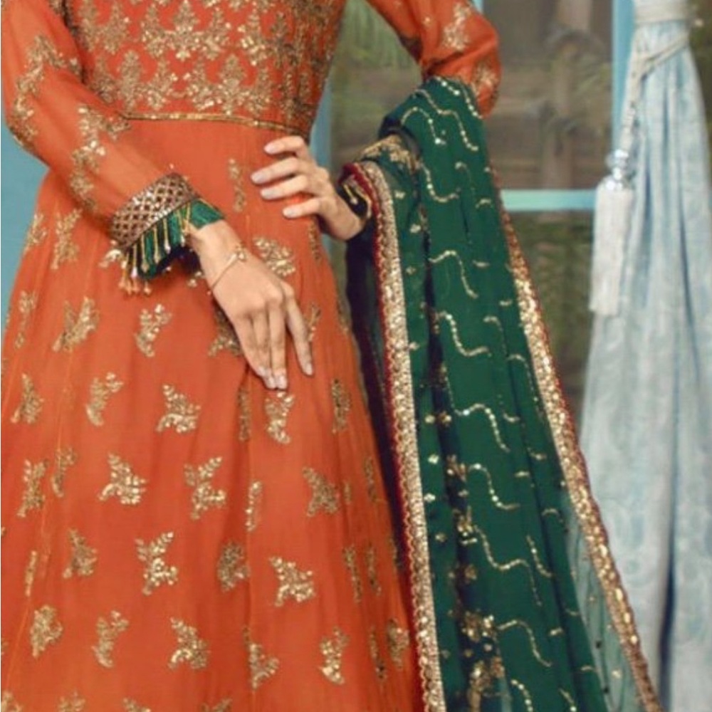 Orange and Green Embellished Tiered GownPakistani designer maxi with 40/41
